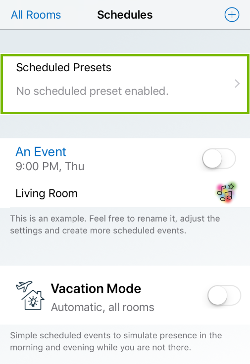 Scheduled Presets highlighted in WiZ app.