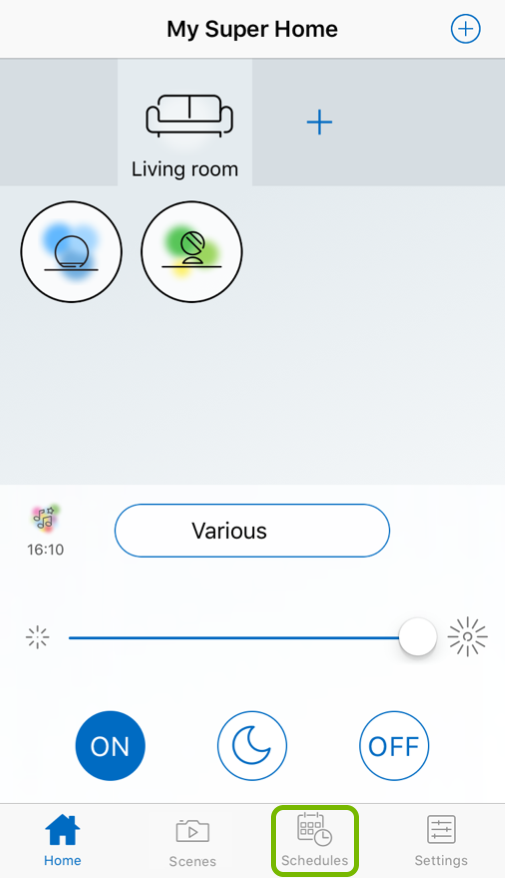 Schedules tab highlighted in WiZ app.
