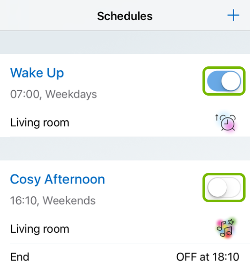 Toggle buttons highlighted in WiZ app.