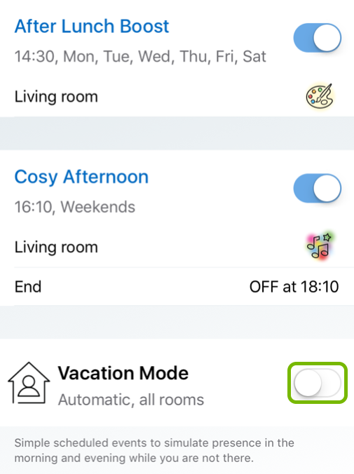 Vacation Mode toggle button highlighted in WiZ app.