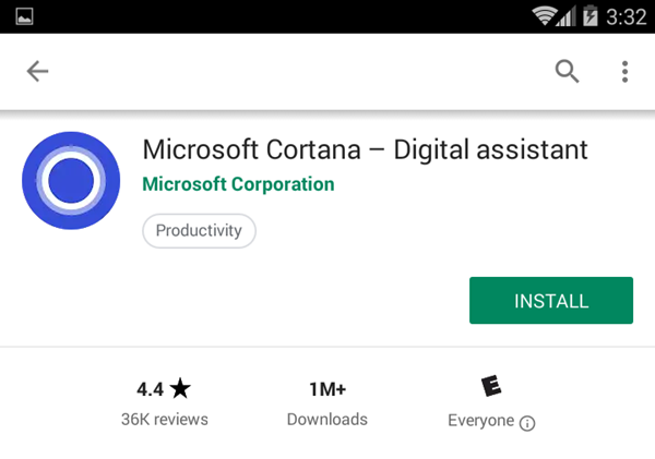 Cortana android landing page