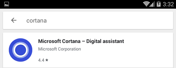 Cortana search results