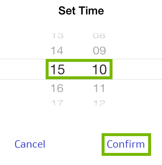 Selected time and Confirm highlighted