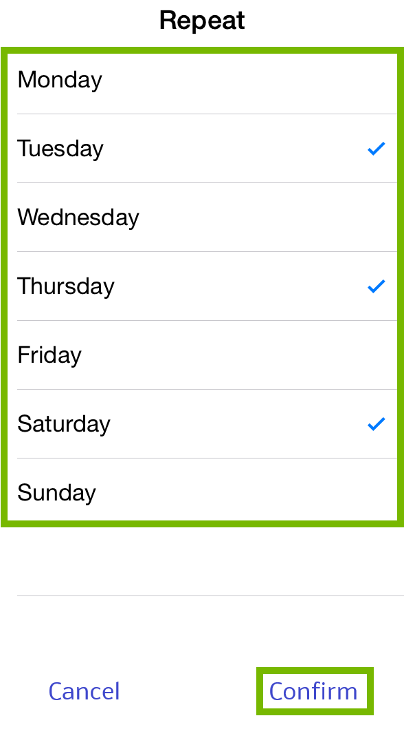 Timer Days and Confirm highlighted