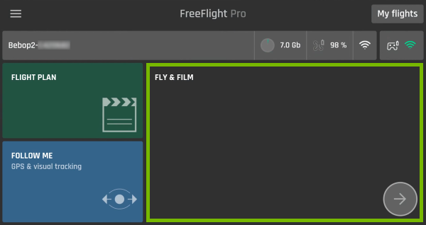 Fly & Film are highlighted in FreeFlight Pro app.