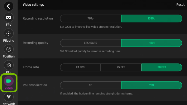 Video option highlighted in settings of FreeFlight Pro app.