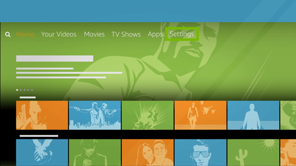 Amazon fire tv main screen showing settings highlighted