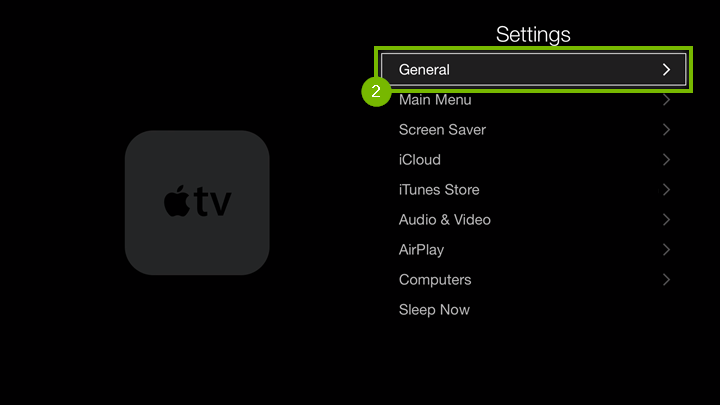 Apple TV Settings menu highlighting the General option.
