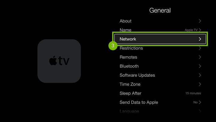 Apple TV General Settings highlighting the Network option.