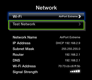 Apple TV Network Settings menu highlighting the Test Network option.
