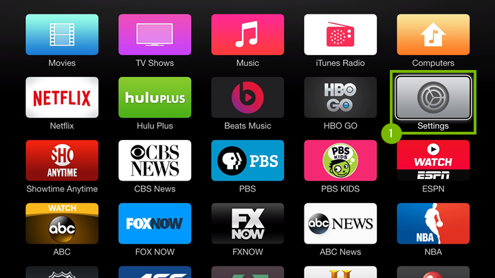 Apple TV home screen highlighting the Settings icon.