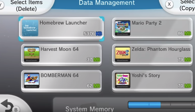Wii u data management menu showing various games with one selected
