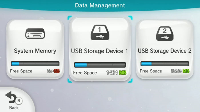 Wii u data management menu showing the storage devices