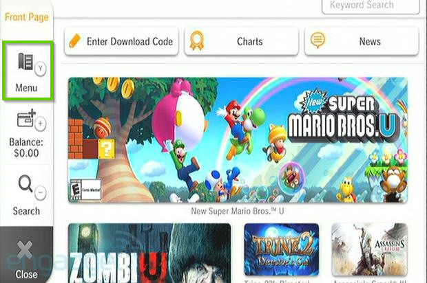 Wii u nintendo e shop with my menu selected