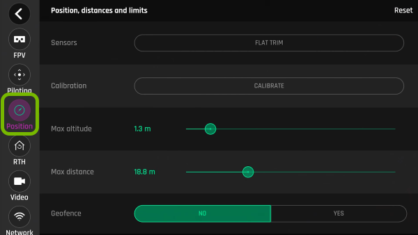 Position option highlighted in FreeFlight Pro app settings.