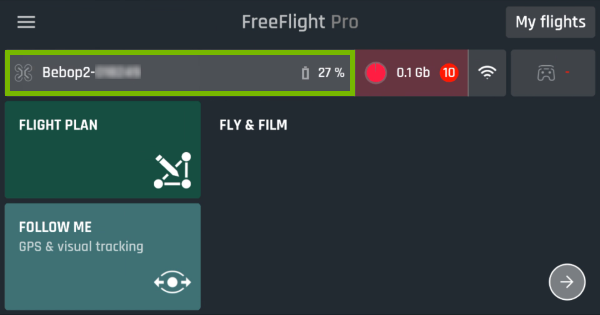 Drone's name highlighted in FreeFlight Pro app.