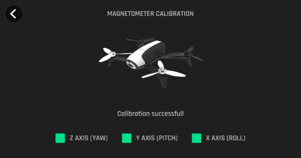 Drone calibration completion screen in FreeFlight Pro app.
