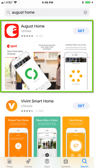 iOS app store search results with August Home highlighted