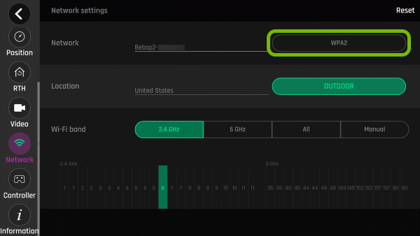 WPA2 button highlighted in FreeFlight Pro app settings.