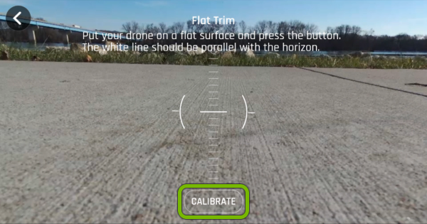 Calibrate button highlighted in FreeFlight Pro app.