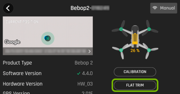 Flat Trim button highlighted in FreeFlight Pro app.