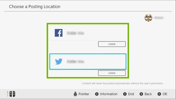 Social media account selection screen on Nintendo Switch.