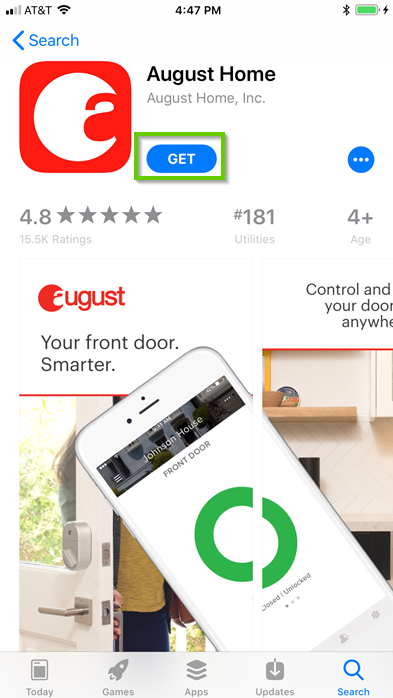 August Home app store page with get highlighted