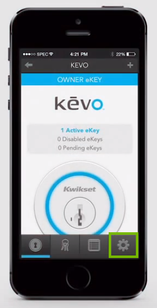 Screenshot of kevo main page with settings icon highlighted