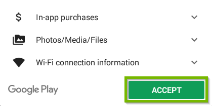Android Play store app with the accept button highlighted.