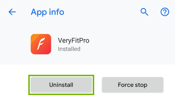 VeryFitPro app details page with uninstall highlighted