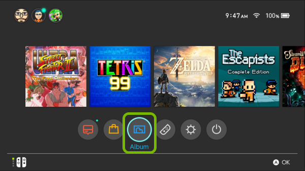 Album option highlighted in Nintendo Switch menu.
