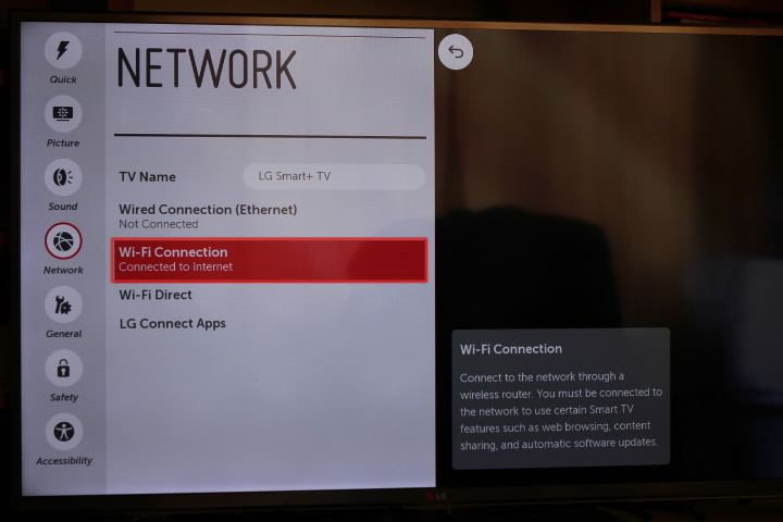 LG tv settings menu with wi-fi connection selected