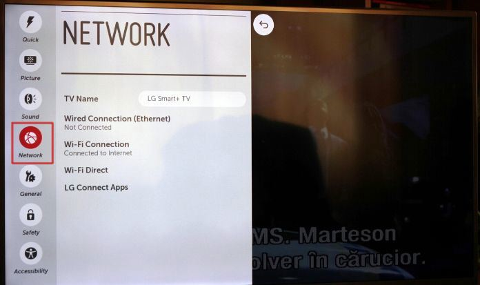 LG TV screen settings menu with network selected