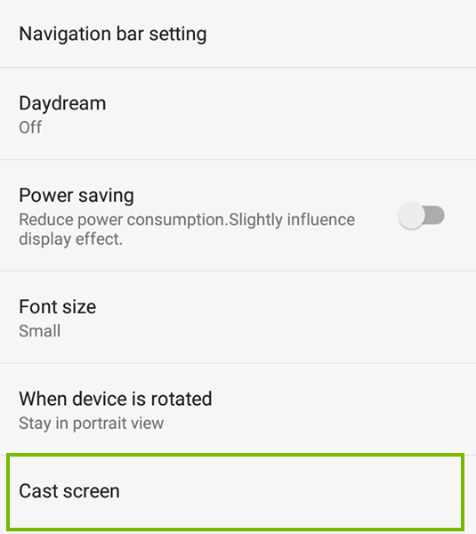 Android display settings screen highlighting the cast screen option.