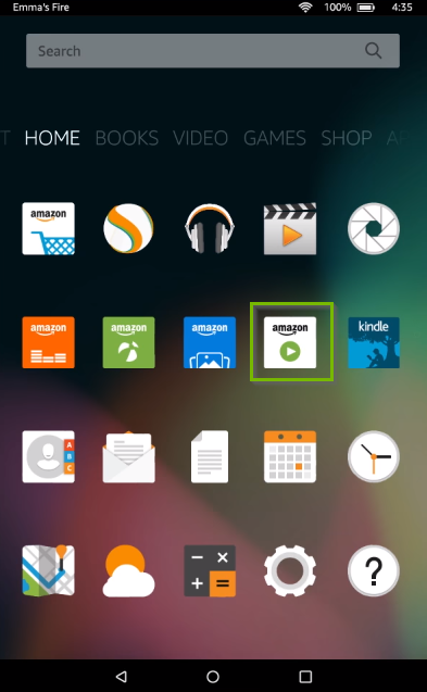 Amazon Video Store icon highlighted Fire tablet screen