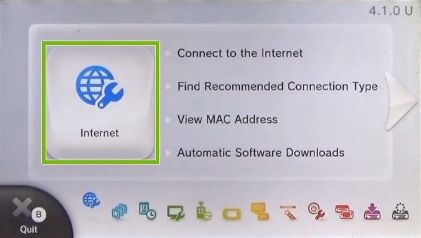 Nintendo Wii U System Settings menu highlighting the Internet icon.
