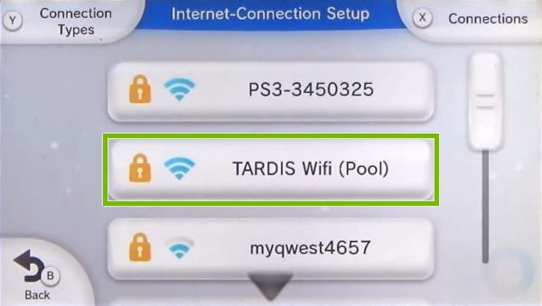 Nintendo Wii U Internet Connection setup menu displaying a list of available Wi-Fi networks.