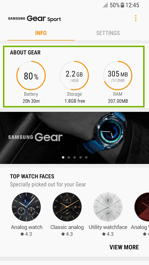 screenshot of Samsung Gear app with about gear section highlighted