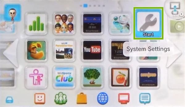 Nintendo Wii U home screen highlighting the System Settings icon.