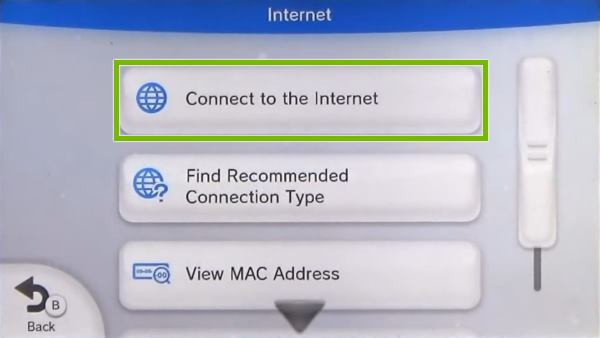 Nintendo Wii U Internet menu highlighting the Connect to the Internet button.