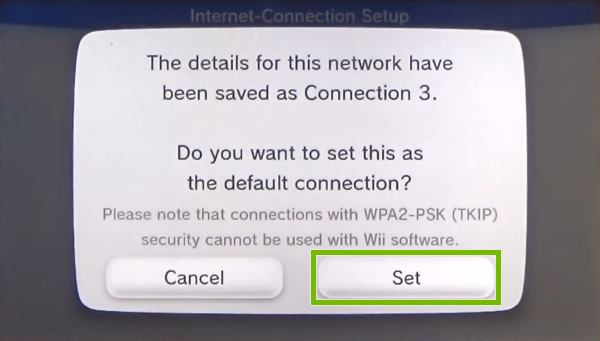 Nintendo Wii U Internet connection setup prompting the user to save and set this connection as default. Set button is highlighted.