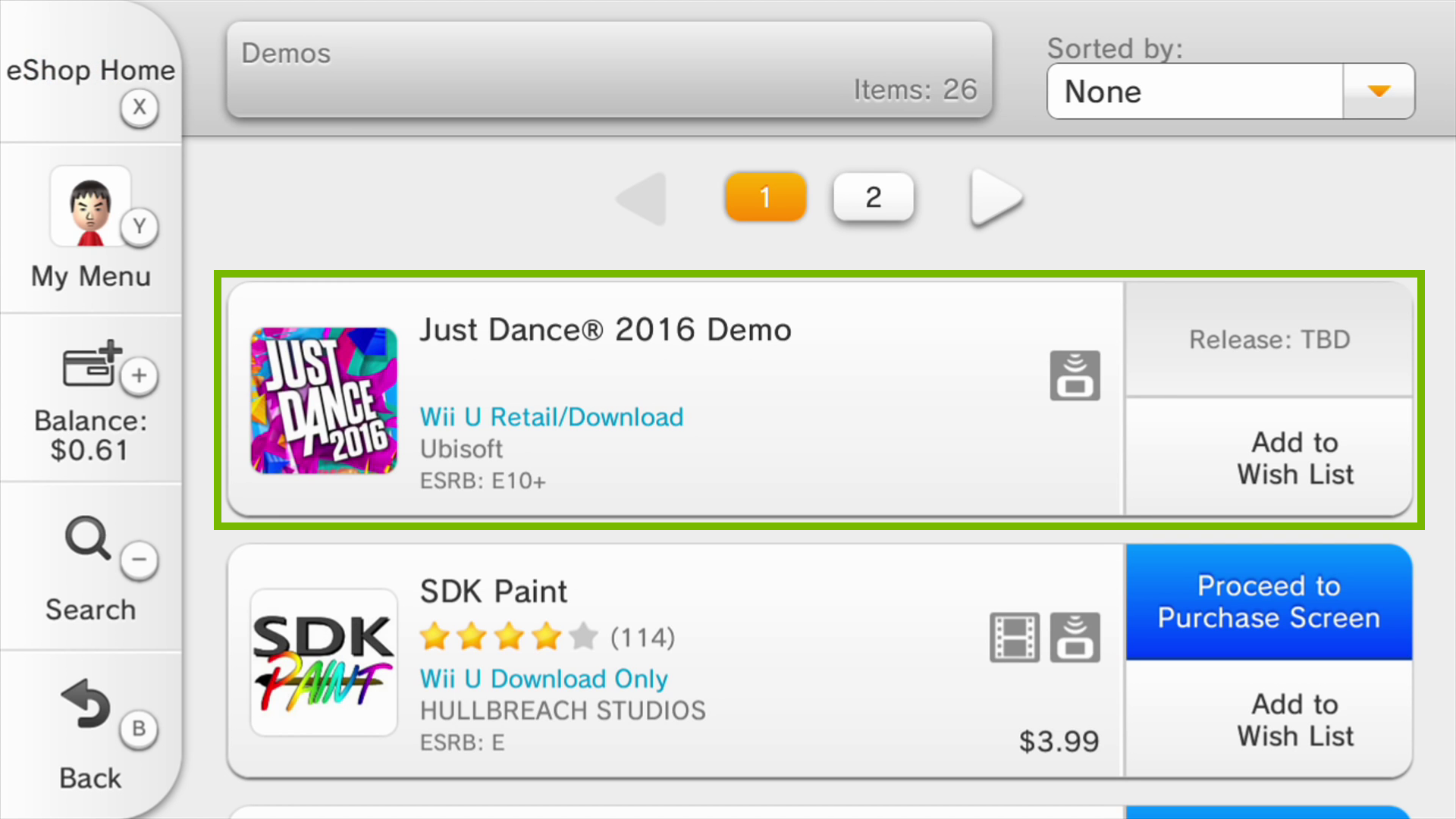 Nintendo e shop with a selected game