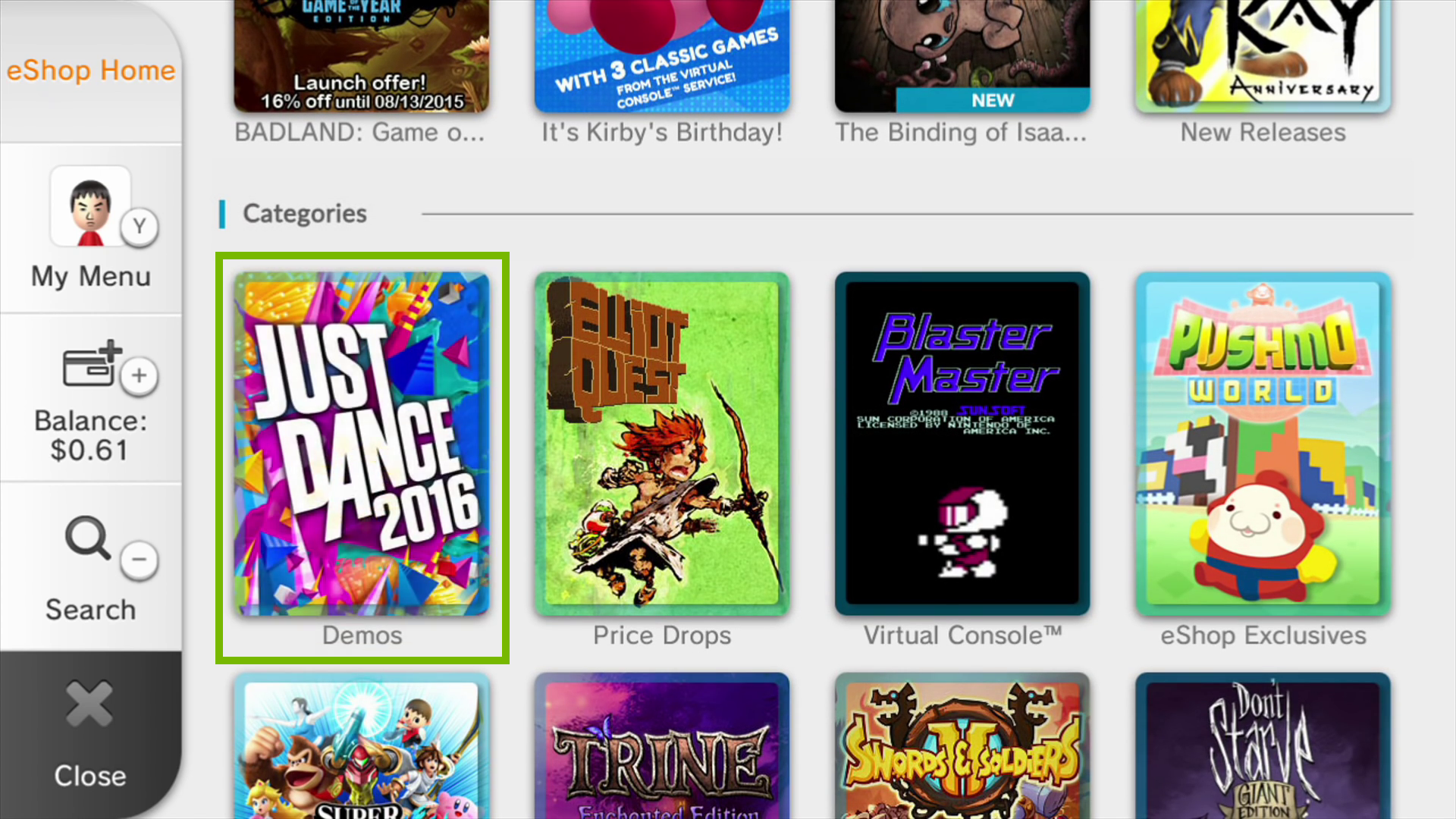 Nintendo e shop home showing categories
