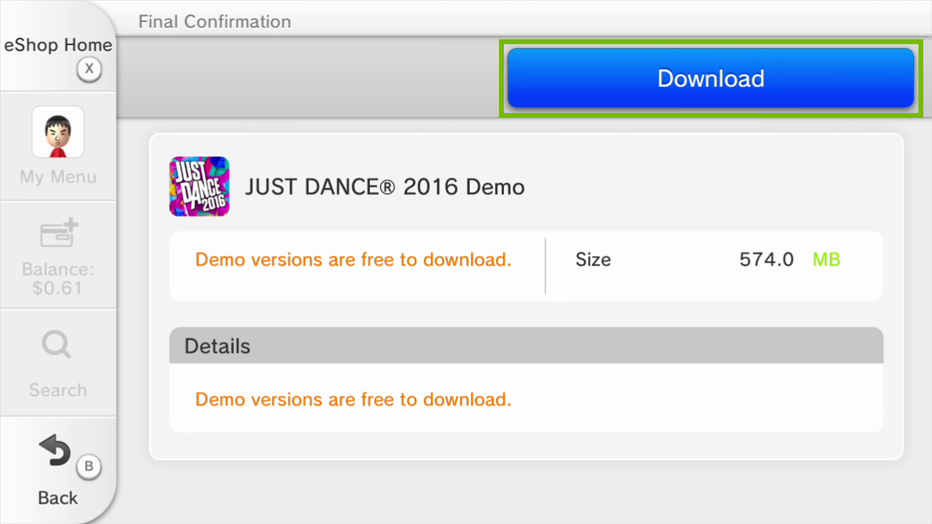 Nintendo e shop download button