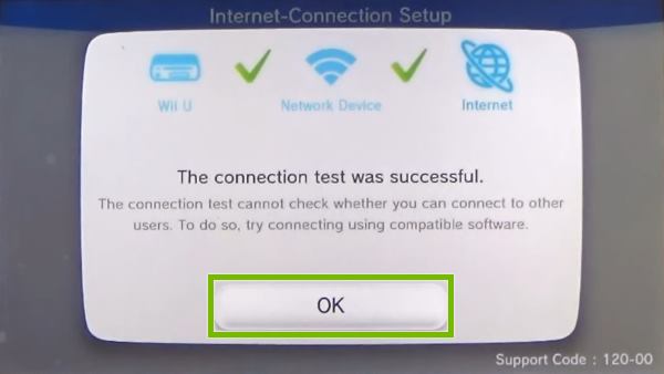 Nintendo Wii U successful connection test screen, with the OK button highlighted.
