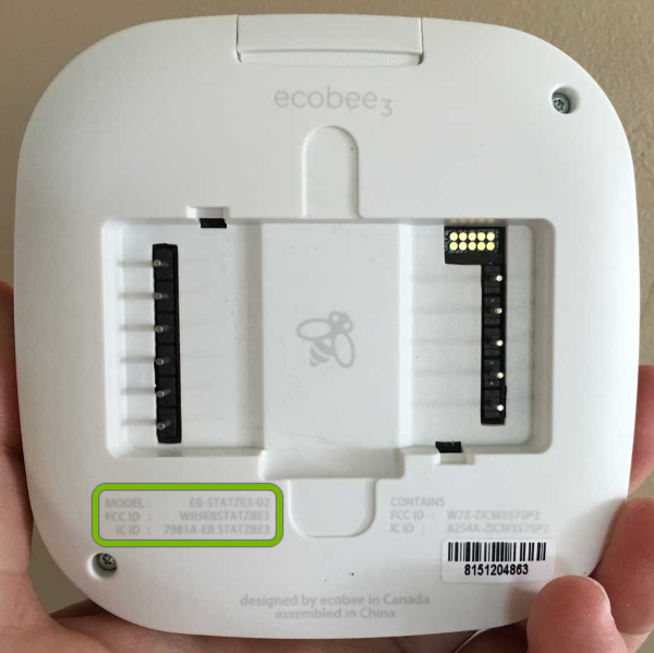 Identification numbers highlighted on back of ecobee3.