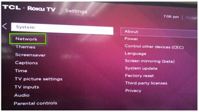 TCL tv settings with network selected