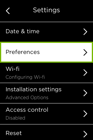 Preferences option highlighted in ecobee Settings.