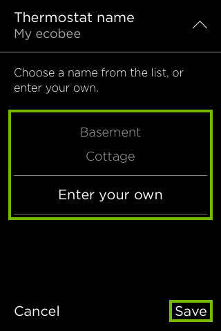 Thermostat names list and Save option highlighted in ecobee Preferences.
