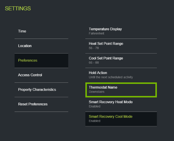 Thermostat Name option highlighted in ecobee web portal settings.